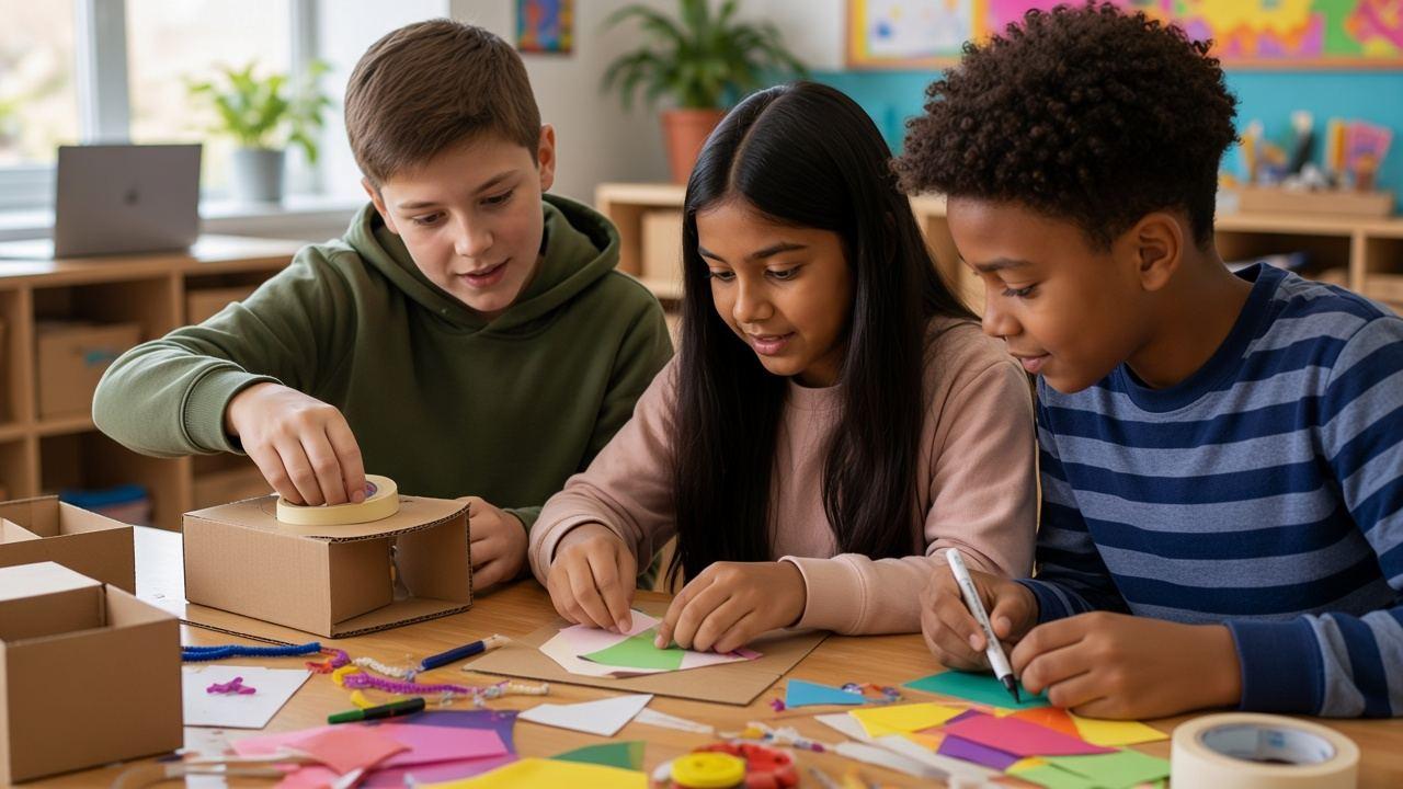 Three children at a table making something together with paper, pens and craft materials